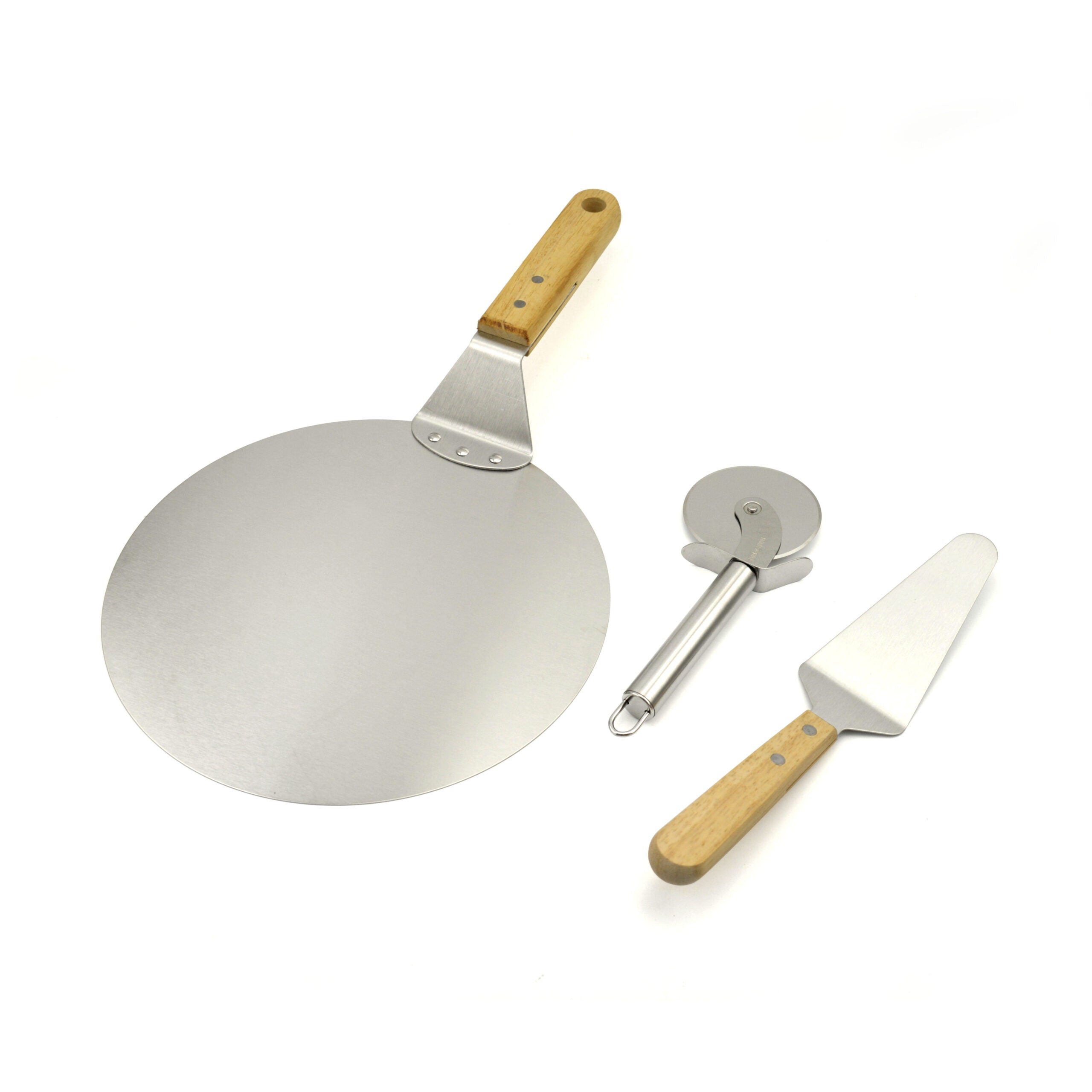 סט פיצה לגריל 3 חלקים נירוסטה ידית עץ